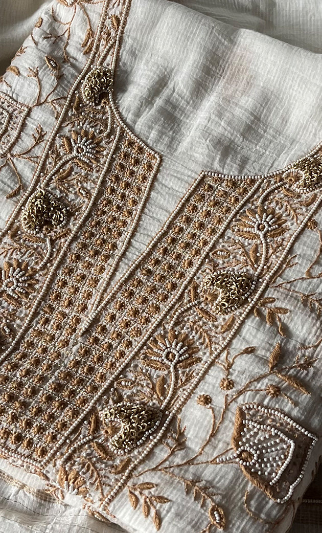 Women's Lakhnavi Handcrafted Maheshwari Mul Chanderi Unstitched Kurta And Dupatta Set- HONC0270649