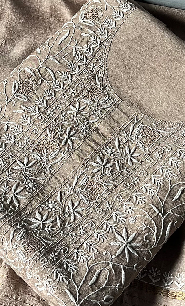 Women's Lakhnavi Handcrafted Munga Silk Chikankari Kurta And Dupatta Set- HONC0283178