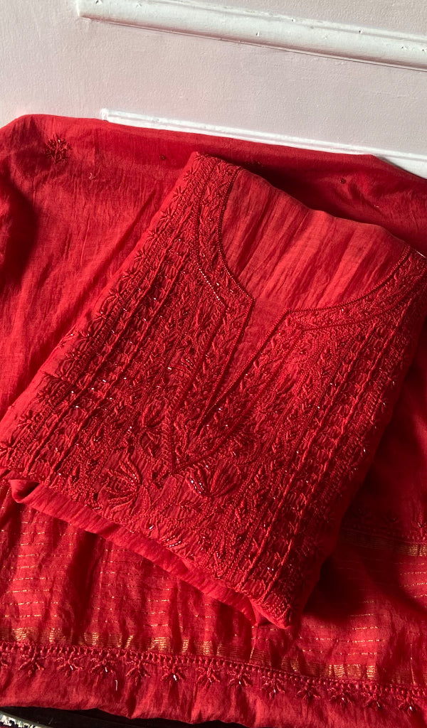 Women's Lakhnavi Handcrafted Mul Chanderi Unstitched Chikankari Full Suit - HONC0344342