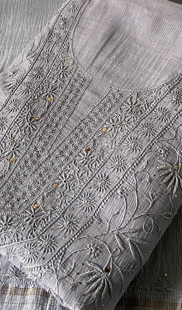 Women's Lakhnavi Handcrafted Maheshwari Mul Chanderi Unstitched Chikankari Full Suit Material - HONC0276232