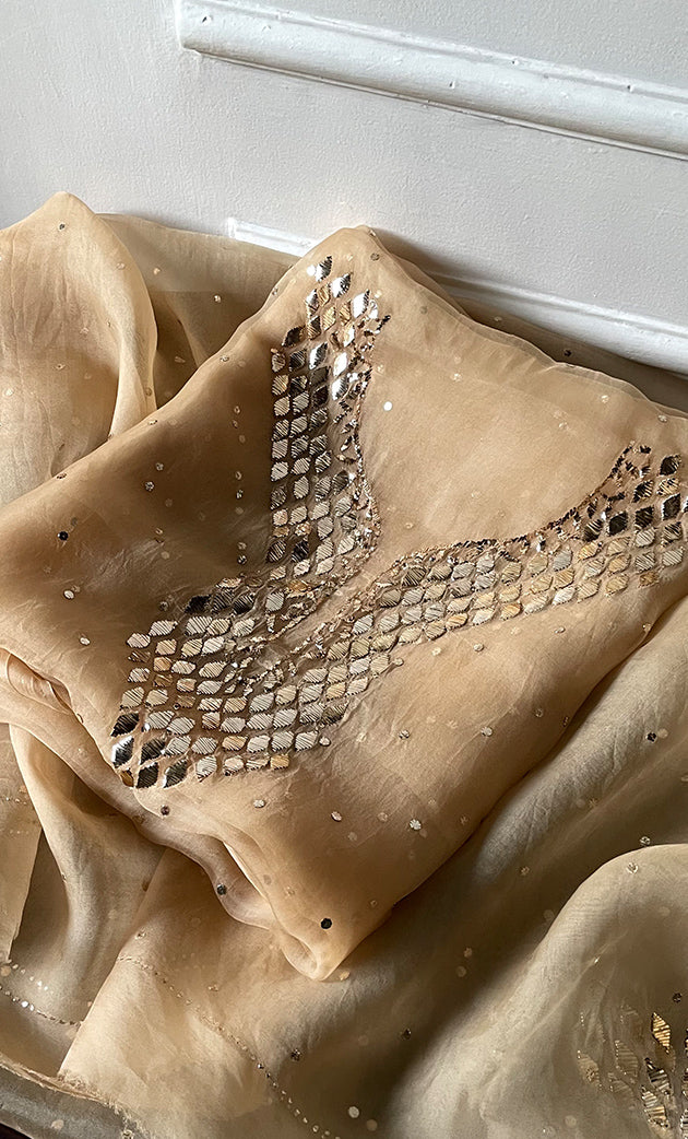 Alfia Women's Lakhnavi Handcrafted Pure Organza Chikankari Unstitched Kurta And Dupatta Set- HONC0328073