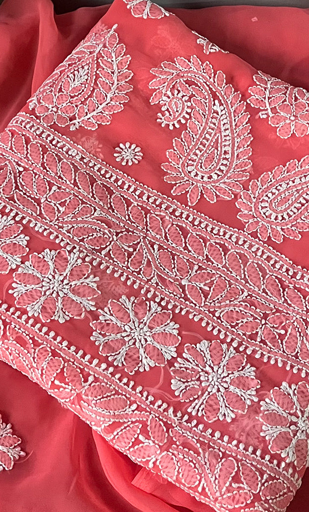 Women's Lakhnavi Handcrafted Unstitched Faux-Georgette Chikankari Suit Material - HONC0311929