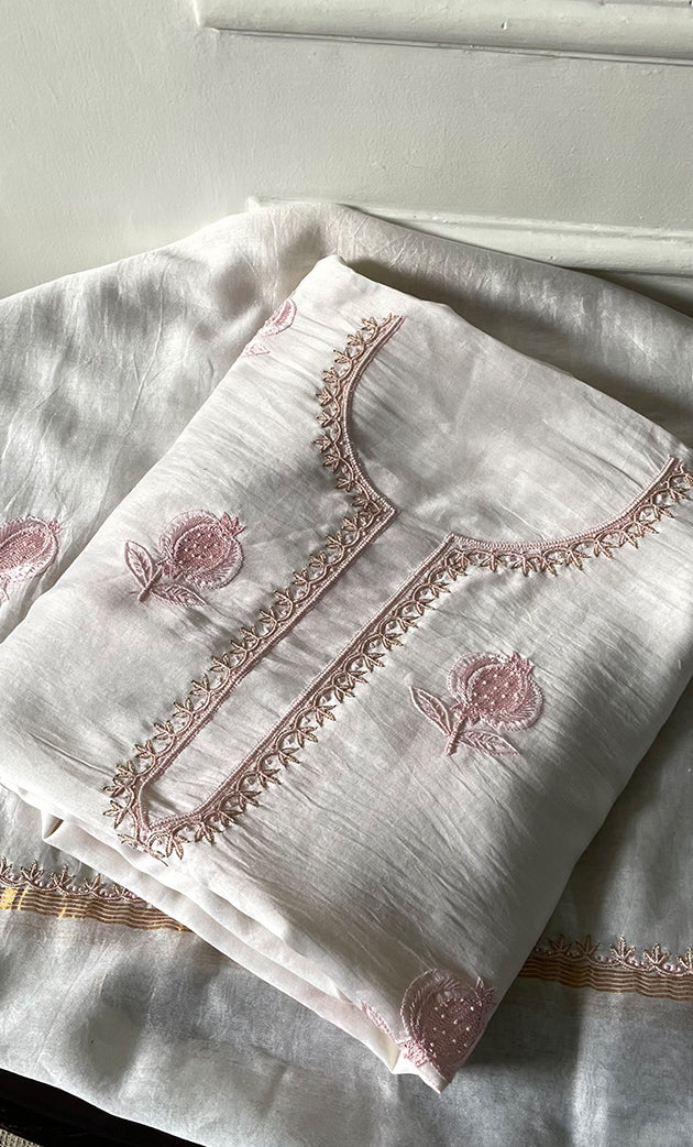 Women's Lakhnavi Handcrafted Chanderi Silk Unstitched Kurta And Dupatta Set - HONC0321968