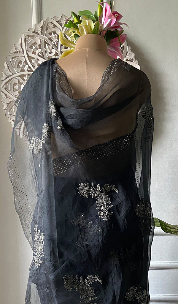 Women's Lucknowi Handcrafted Pure Organza Silk Chikankari Saree - HONC0286698