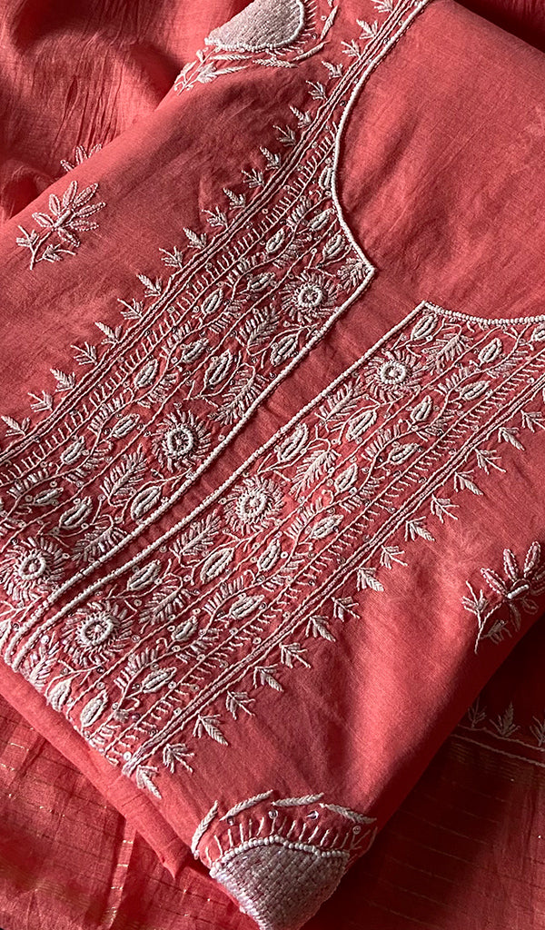 Women's Lakhnavi Handcrafted Mul Chanderi Unstitched Chikankari Full Suit Material - HONC0338249