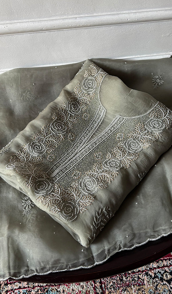 Rose Women's Lakhnavi Handcrafted Pure Organza Chikankari Unstitched Kurta And Dupatta Set- HONC0342712