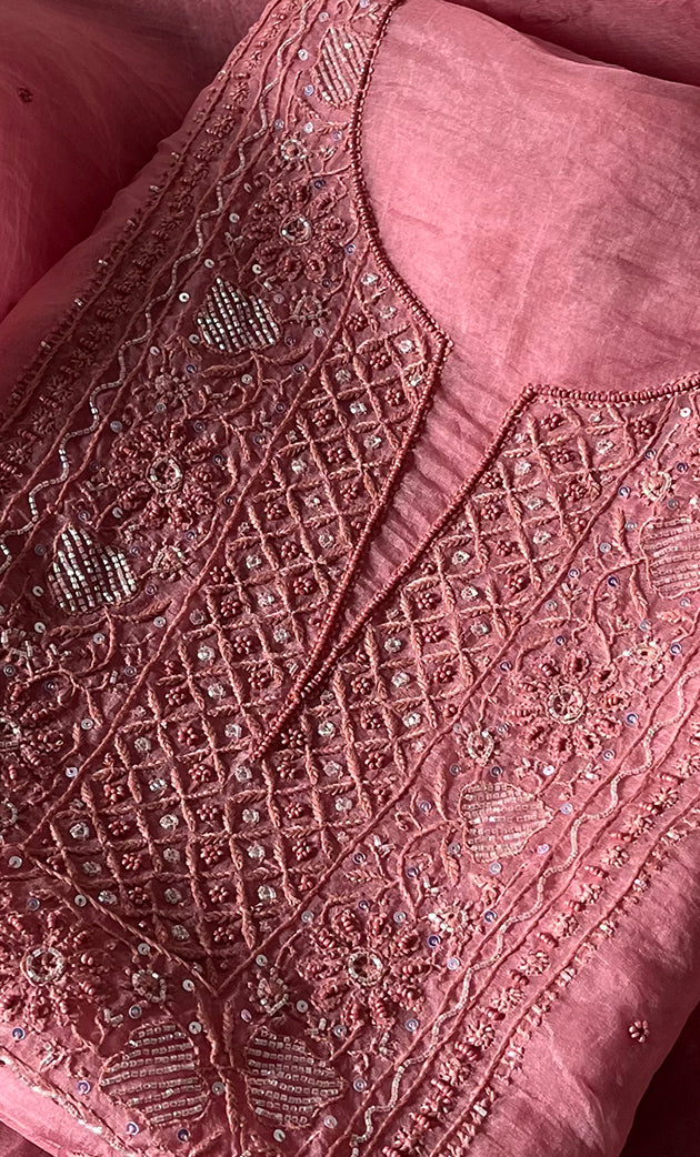 Women's Lakhnavi Handcrafted Pure Organza Chikankari Unstitched Kurta And Dupatta Set- HONC0294428