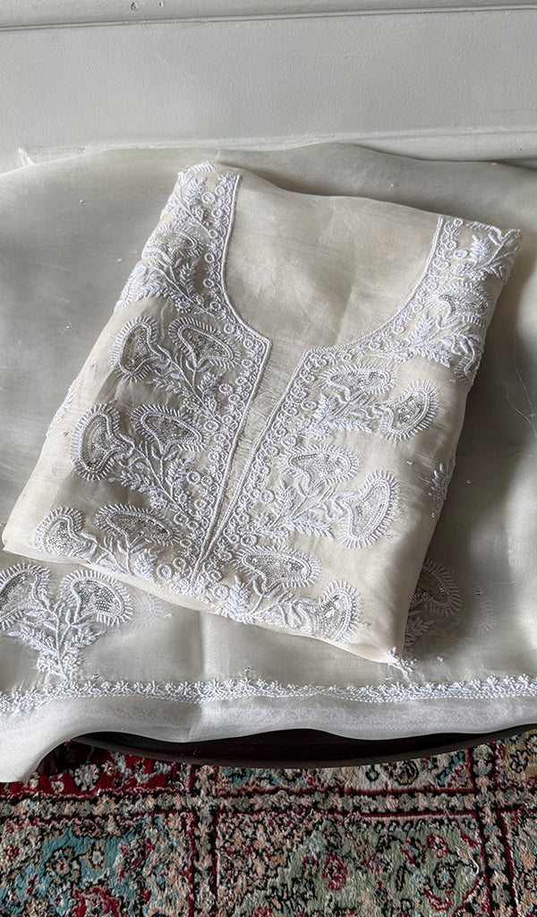 White Pure Organza Silk Chikankari 2 Pc Unstitched Suit Set
