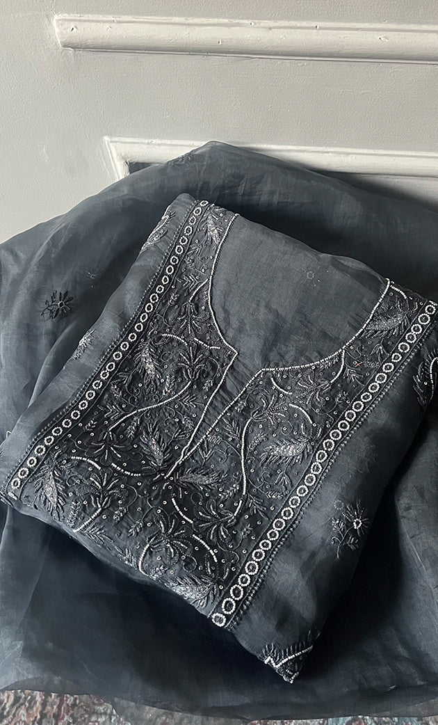 Women's Lakhnavi Handcrafted Pure Organza Chikankari Unstitched Kurta And Dupatta Set- HONC0311247