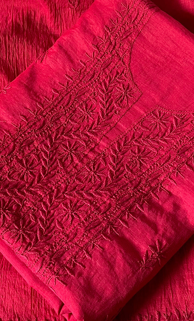 Women's Lakhnavi Handcrafted Mul Chanderi Unstitched Chikankari Full Suit Material - HONC0319530