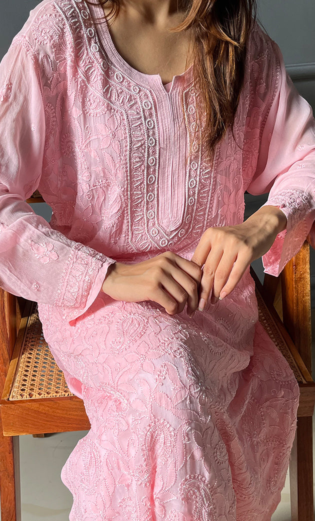 Women's Lakhnavi Handcrafted Viscose Georgette Chikankari Kurti- HONC0259096