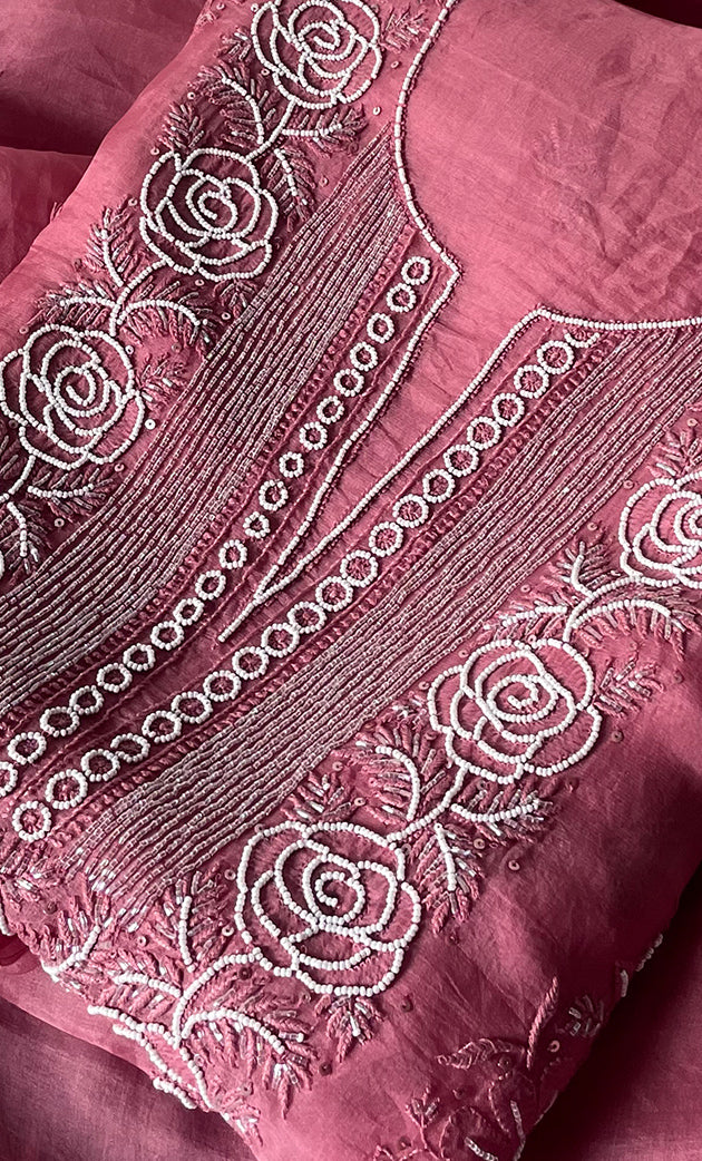 Women's Lakhnavi Handcrafted Pure Organza Chikankari Unstitched Kurta And Dupatta Set- HONC0314168