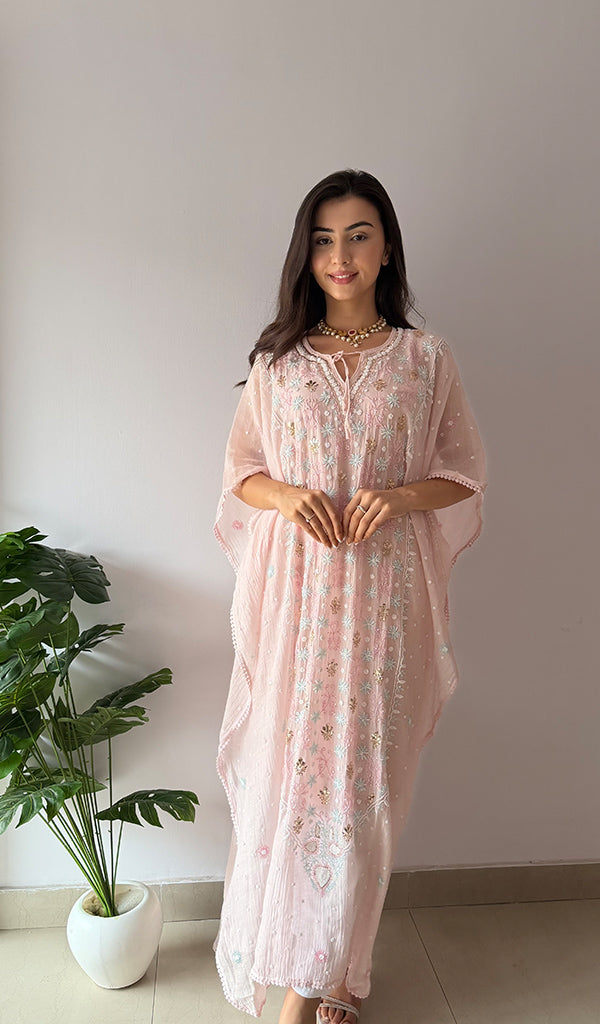 Women's Lucknowi Handcrafted Mul chanderi Chikankari Kaftan - HONC0320794