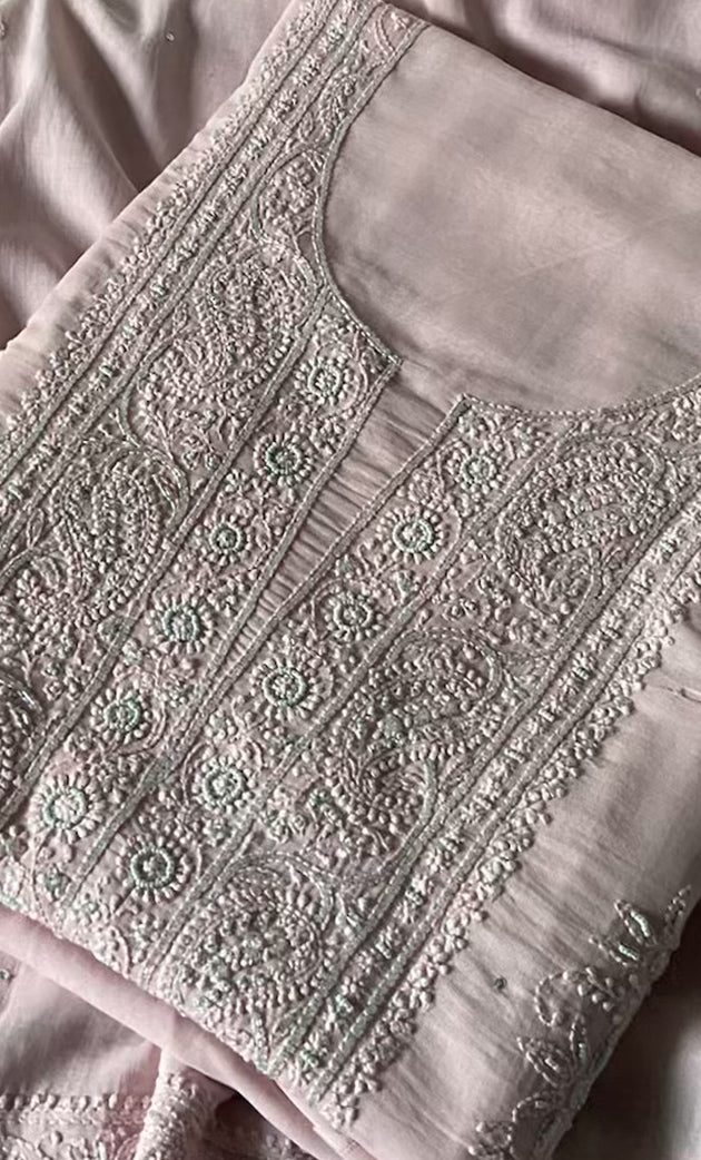 Women's Lakhnavi Handcrafted Unstitched Chikankari Cotton Kurta Dupatta set - HONC092017