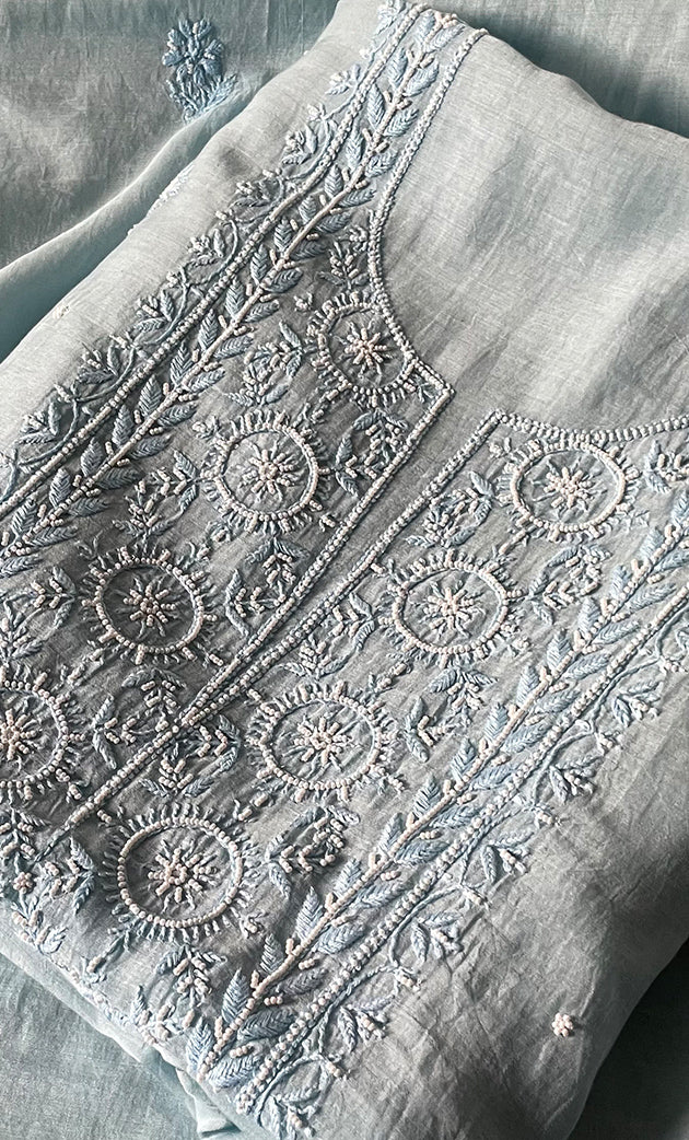 Women's Lakhnavi Handcrafted Mul Chanderi Unstitched Chikankari Full Suit Material - HONC0305473