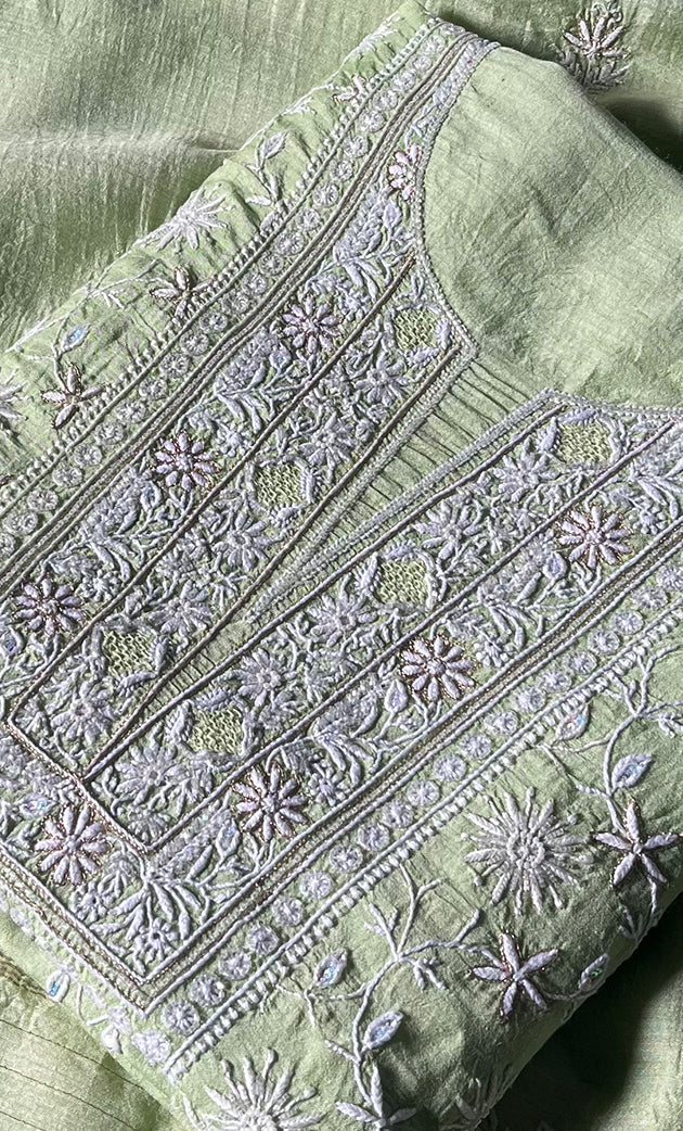 Women's Lakhnavi Handcrafted Munga Silk Chikankari Kurta And Dupatta Set- HONC0278122
