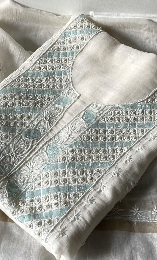 Women's Lakhnavi Handcrafted Unstitched Mul Chanderi Kurta And Dupatta Set - HONC0323592