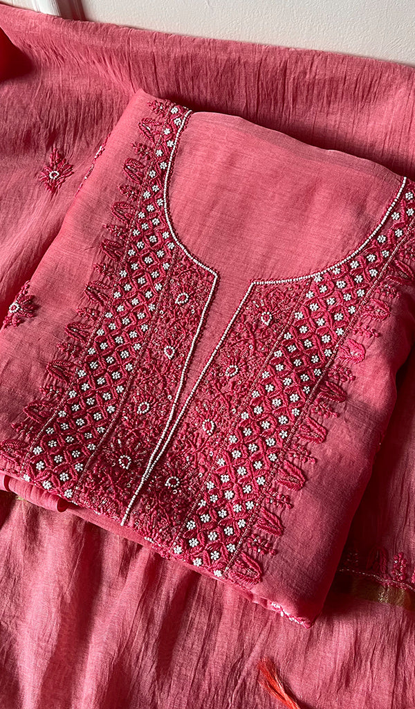Women's Lucknowi Handcrafted Chanderi Silk Chikankari Full Suit Material - HONC0260956