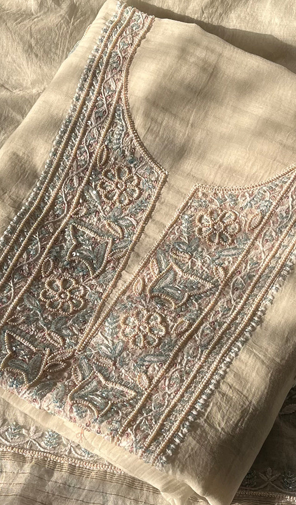 Women's Lakhnavi Handcrafted Mul Chanderi Unstitched Kurta And Dupatta Set - HONC0297197