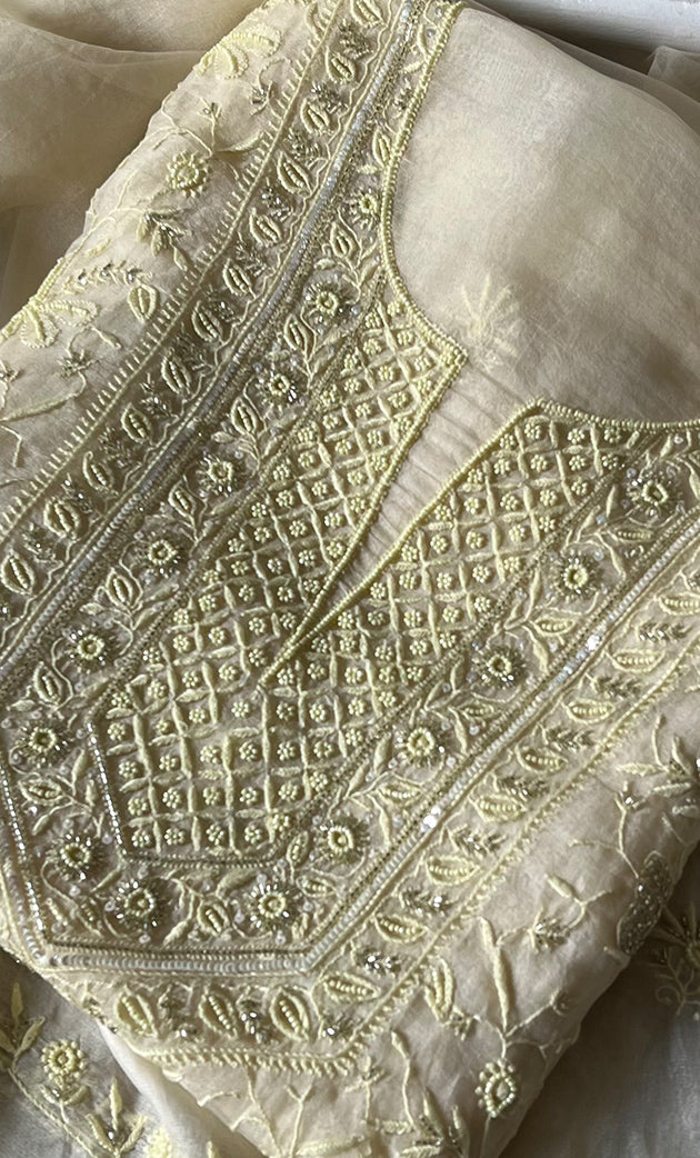 Women's Lakhnavi Handcrafted Pure Organza Chikankari Unstitched Kurta And Dupatta Set- HONC0263886