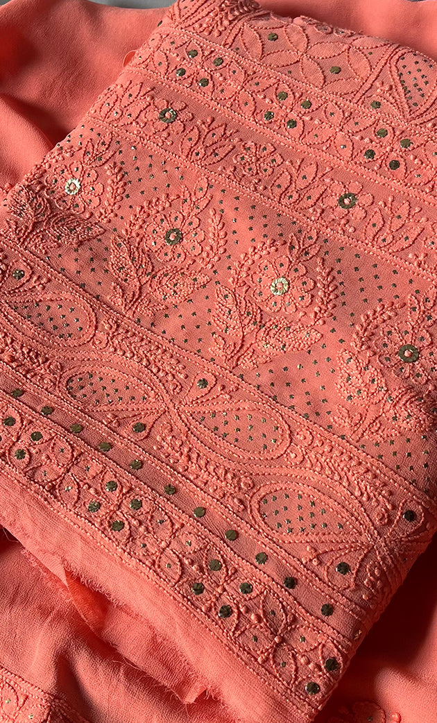 Women's Lakhnavi Handcrafted Viscose Georgette Chikankari Full Suit Material - HONC0271095