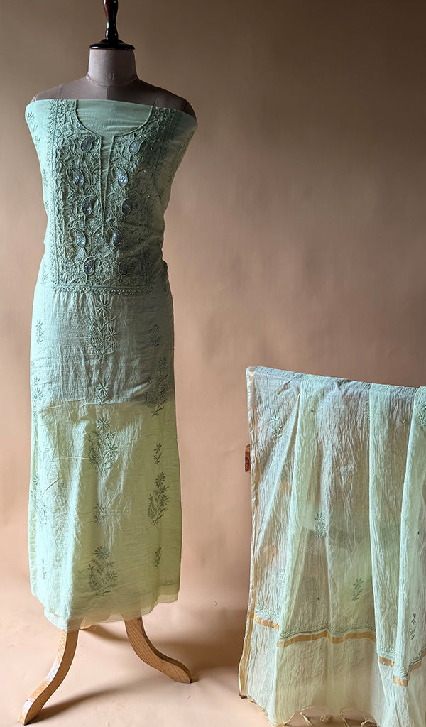 Women's Lakhnavi Handcrafted Mul Chanderi Unstitched Chikankari Full Suit Material - HONC0370486