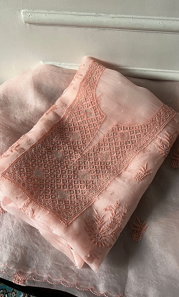 Women's Lakhnavi Handcrafted Pure Organza Chikankari Unstitched Kurta And Dupatta Set- HONC0328269