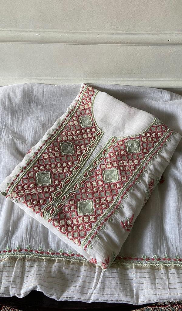Rashi Women's Lakhnavi Handcrafted Mul Chanderi Unstitched Kurta And Dupatta Set - HONC0355685