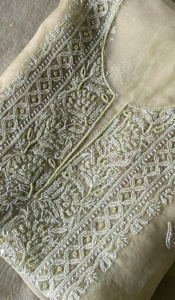 Women's Lakhnavi Handcrafted Pure Organza Chikankari Unstitched Kurta And Dupatta Set- HONC0324983