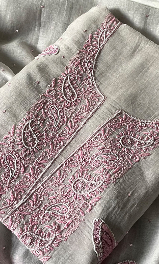 Women's Lakhnavi Handcrafted Unstitched Mul Chanderi Kurta And Dupatta Set - HONC0302863