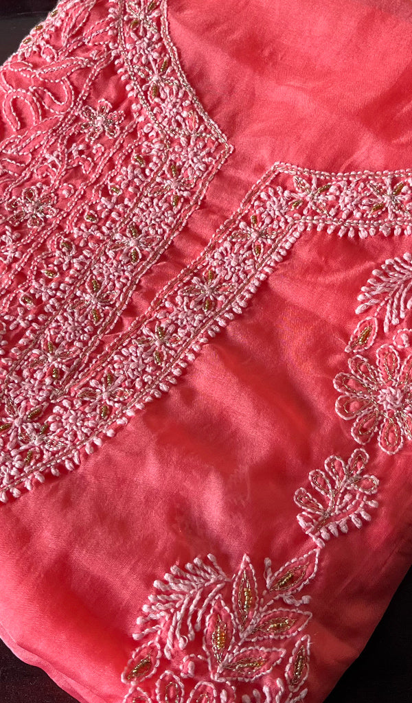 Women's Lakhnavi Handcrafted Organza Chikankari Unstitched Kurti Fabric - NC026663
