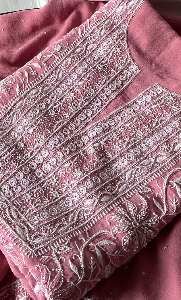 Women's Lakhnavi Handcrafted Pure Silk Georgette Chikankari Kurta And Dupatta Set- HONC0291005