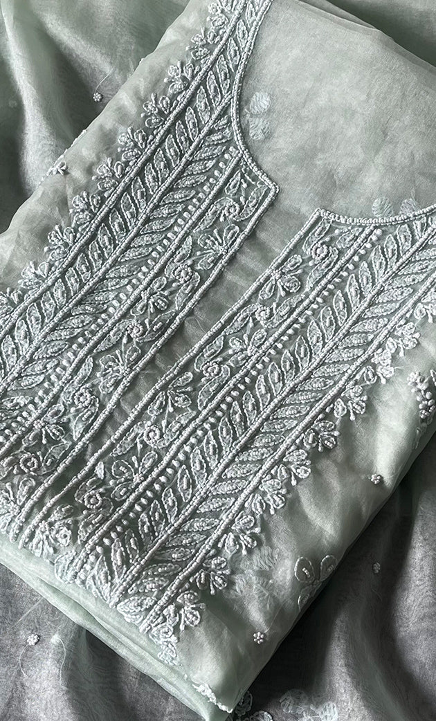 Women's Lakhnavi Handcrafted Organza Chikankari Unstitched Full Suit Material - HONC0287040