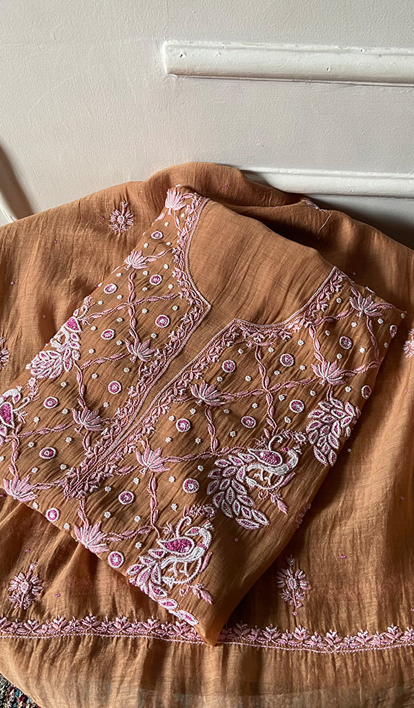 Women's Lakhnavi Handcrafted Mul Chanderi Unstitched Chikankari Full Suit Material - HONC0300387