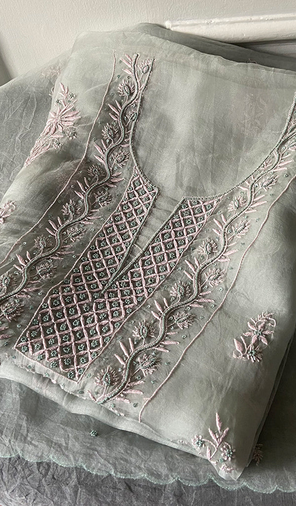 Women's Lakhnavi Handcrafted Pure Organza Chikankari Unstitched Kurta And Dupatta Set- HONC0335078