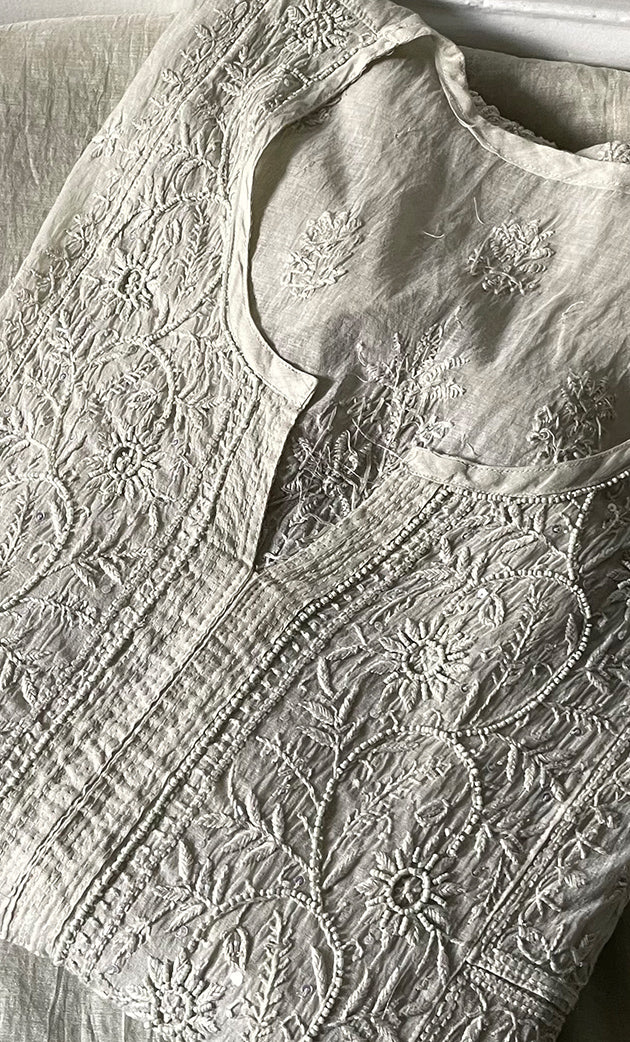 Women's Lakhnavi Handcrafted Mul Chanderi Semi - stitched Chikankari Full Suit Material - HONC0319562