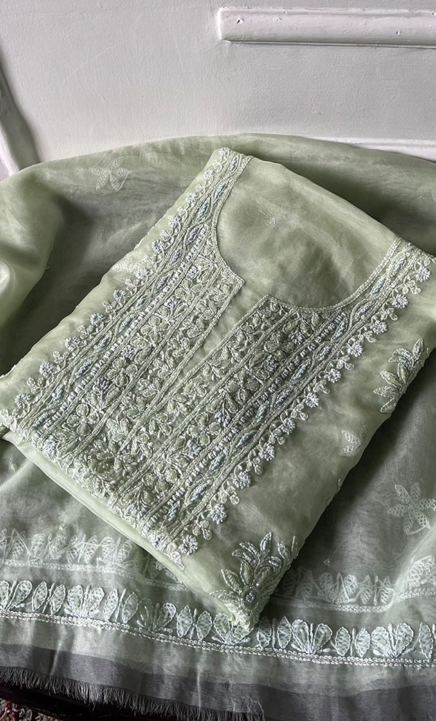 Women's Lakhnavi Handcrafted Organza Chikankari Unstitched Full Suit Material - HONC0258373