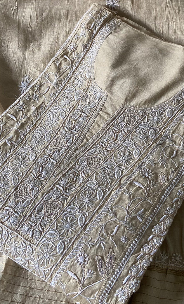 Women's Lakhnavi Handcrafted Munga Silk Semi - Stitched Chikankari Kurta And Dupatta Set- HONC0246919