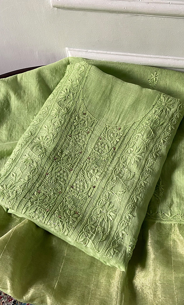 Women's Lakhnavi Handcrafted Mul Chanderi Unstitched Chikankari Full Suit Material - HONC0324498