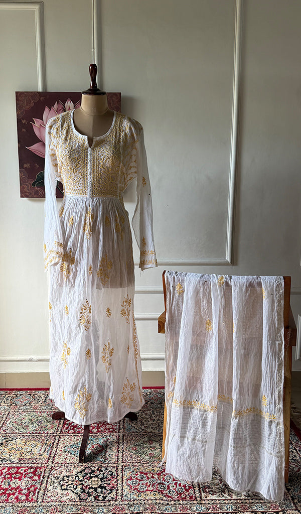 Women's Lakhnavi Handcrafted Mul Chanderi Semi - Stitchd Kurta And Dupatta Set - HONC0322136