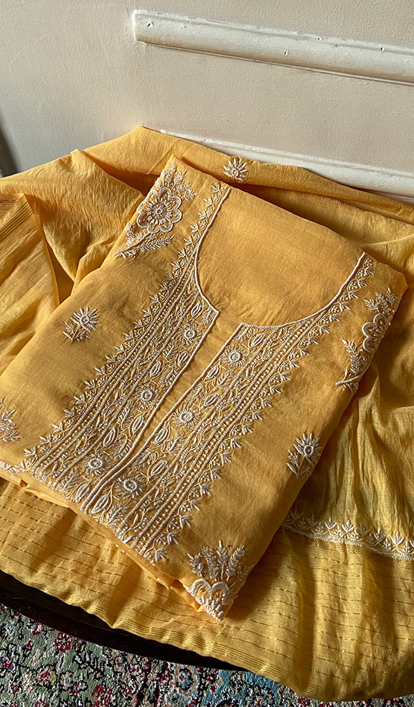 Women's Lakhnavi Handcrafted Mul Chanderi Unstitched Chikankari Full Suit Material - HONC0338250