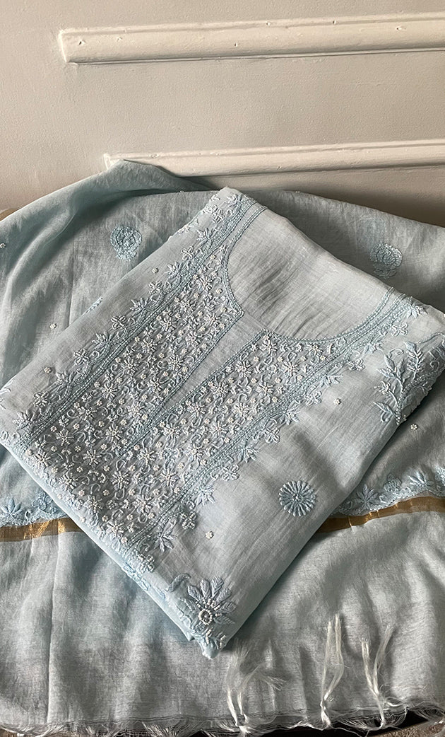 Women's Lakhnavi Handcrafted Mul Chanderi Chikankari Full Suit Material - HONC0287087