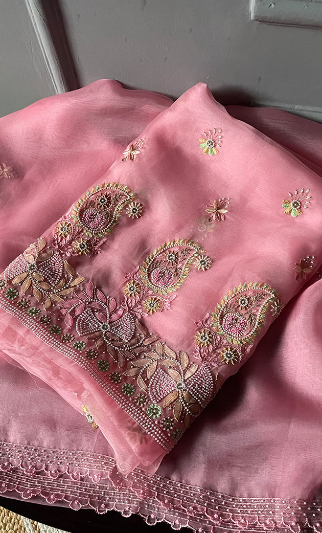 Women's Lakhnavi Handcrafted Pure Organza Silk Chikankari Unstitched Full Suit Material - HONC0267232