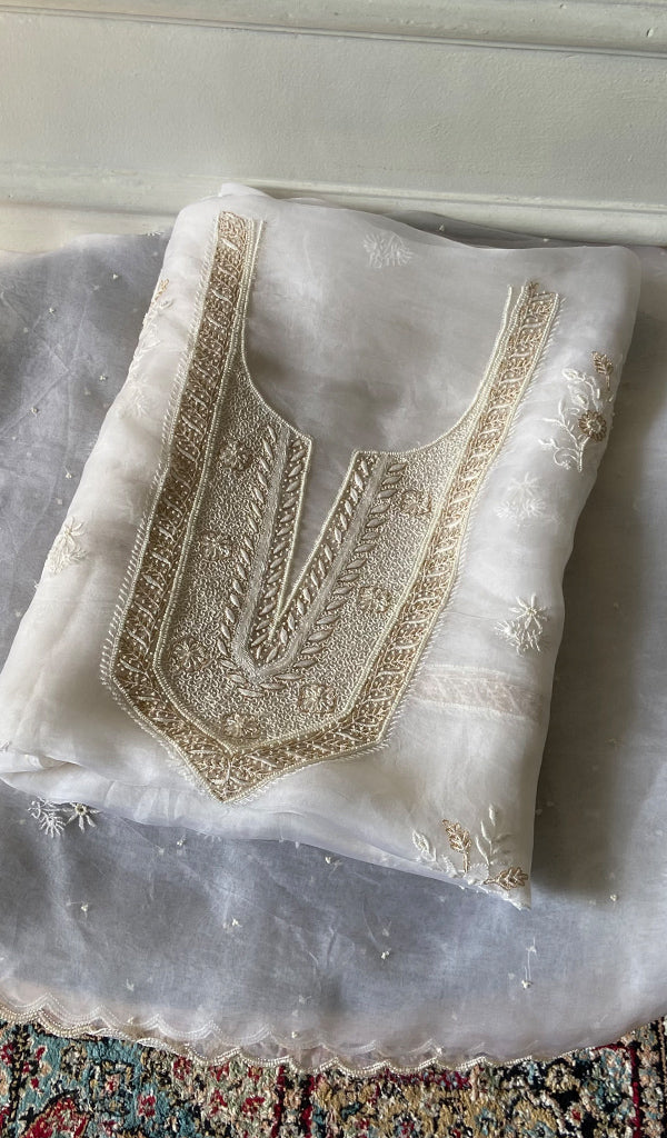 Women's Lakhnavi Handcrafted Pure Organza Chikankari Unstitched Kurta And Dupatta Set- HONC0348021