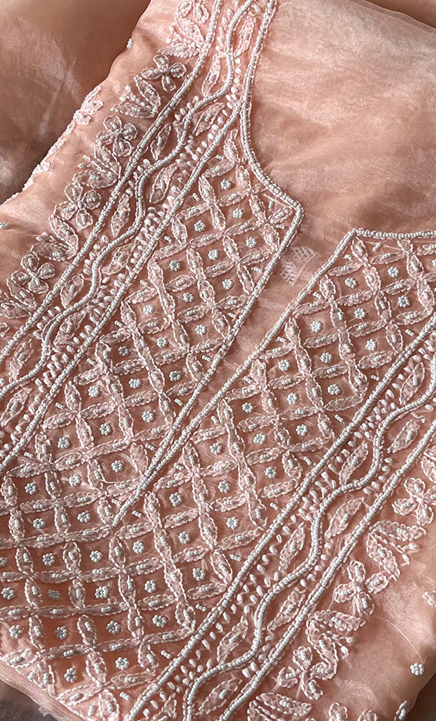 Women's Lakhnavi Handcrafted Organza Chikankari Unstitched Full Suit Material - HONC0287045
