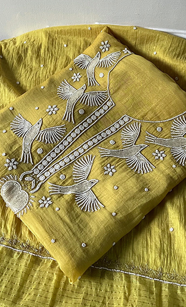Chidiya Women's Lakhnavi Handcrafted Mul Chanderi Unstitched Chikankari Full Suit Material - HONC0330315