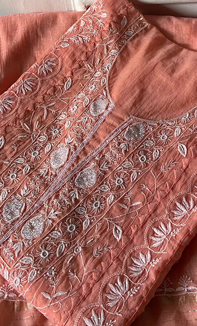 Women's Lakhnavi Handcrafted Mul Chanderi Semi - Stitched Kurta And Dupatta Set - HONC0284762