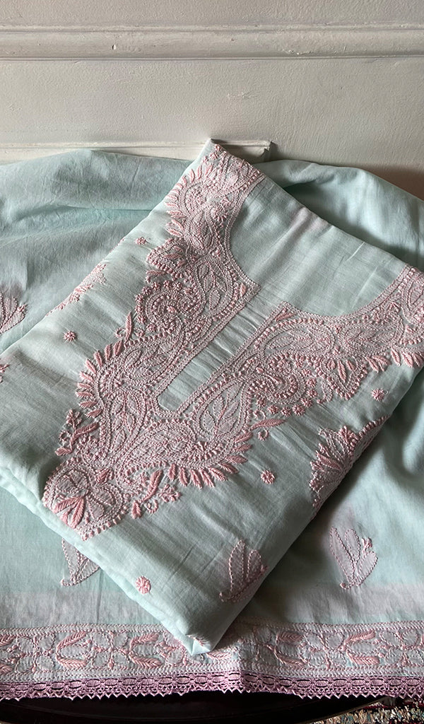 Women's Lakhnavi Handcrafted Cotton Unstitched Chikankari Suit Material - HONC0358184