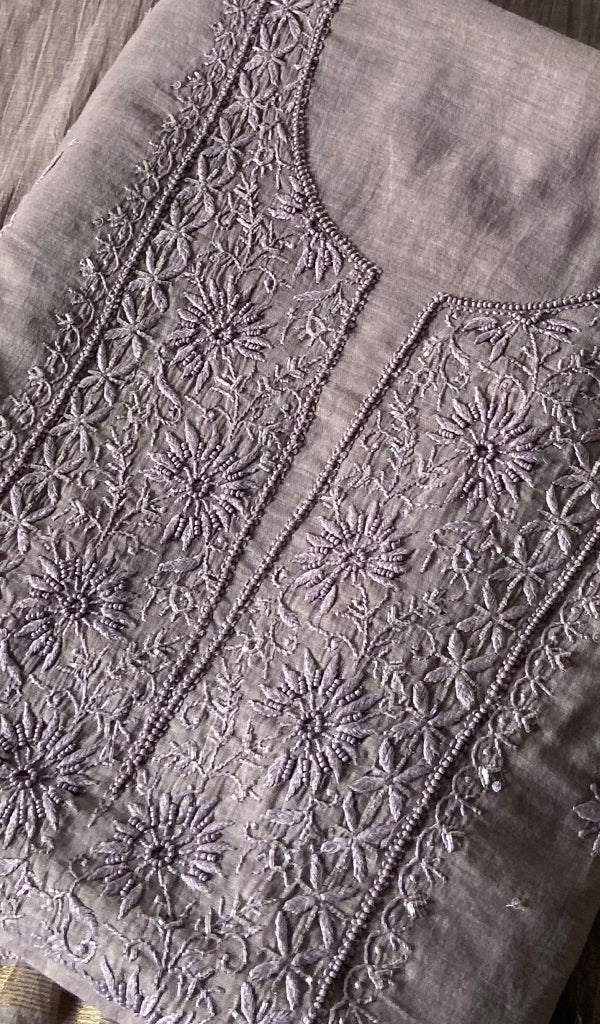 Women's Lakhnavi Handcrafted Mul Chanderi Unstitched Chikankari Full Suit Material - HONC0328104