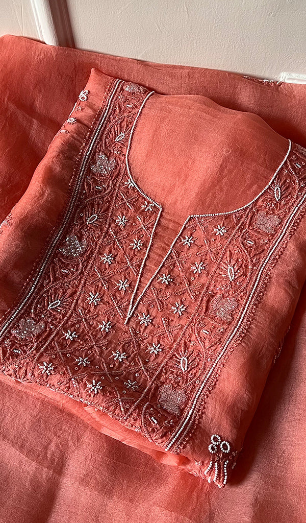 Women's Lakhnavi Handcrafted Pure Organza Chikankari Unstitched Kurta And Dupatta Set- HONC0257505